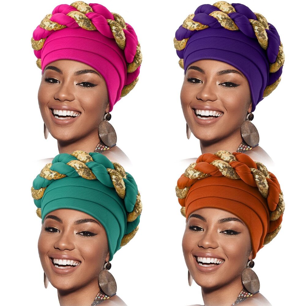 6461 4 Pcs African Turban Head Wrap for Black Braid Beanie Stretchy Elastic